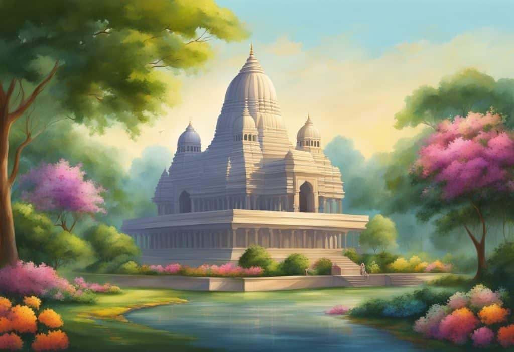 In the heart of Vrindavana, ancient temples and places of worship stand amidst lush greenery and vibrant flowers, creating a serene and spiritual atmosphere
