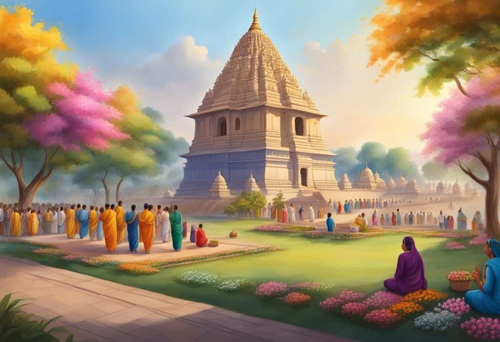 A serene landscape with colorful flowers and trees, a temple in the background, and people participating in devotional practices and festive celebrations in Vrindavana
