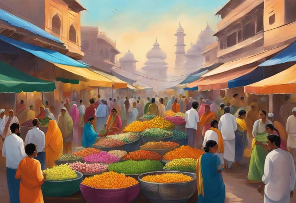 A bustling market in Vrindavana, filled with colorful stalls selling flowers, fruits, and traditional handicrafts. The air is filled with the sound of chanting and the scent of incense