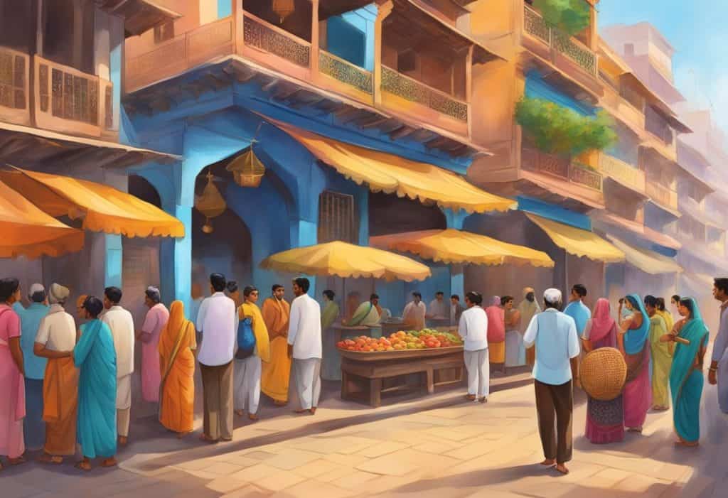 A serene, colorful street in Vrindavana with people browsing and asking questions at various stalls