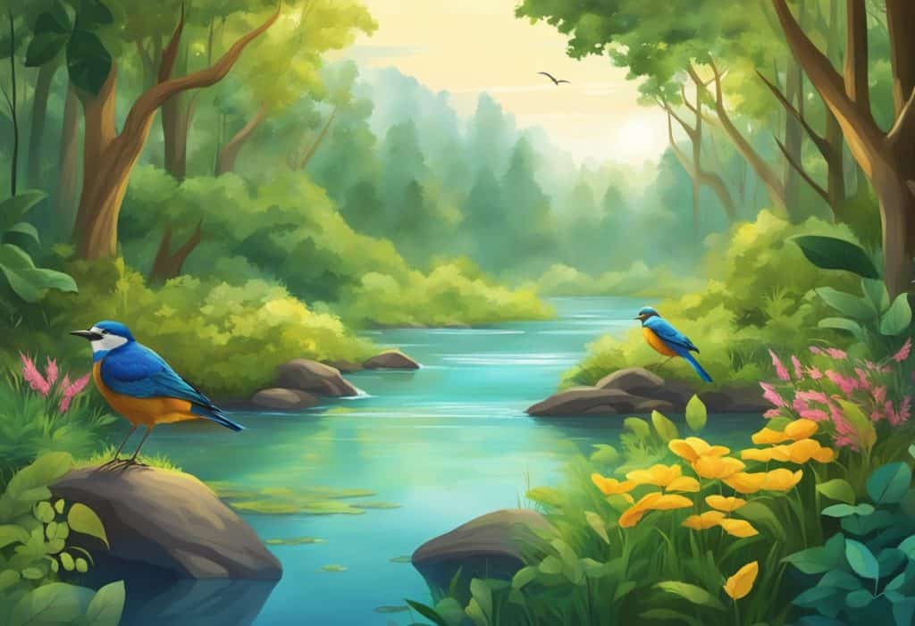 A serene forest with a tranquil river flowing through, surrounded by lush greenery and colorful birds singing in the trees