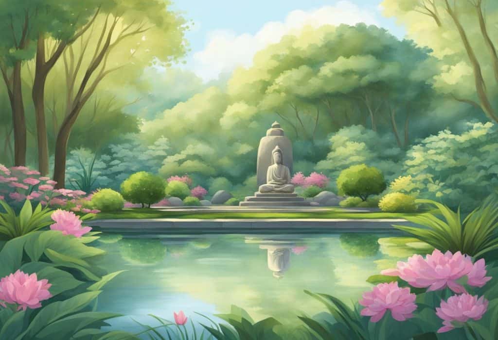 A serene garden with a tranquil pond surrounded by lush vegetation and a meditating figure in the distance