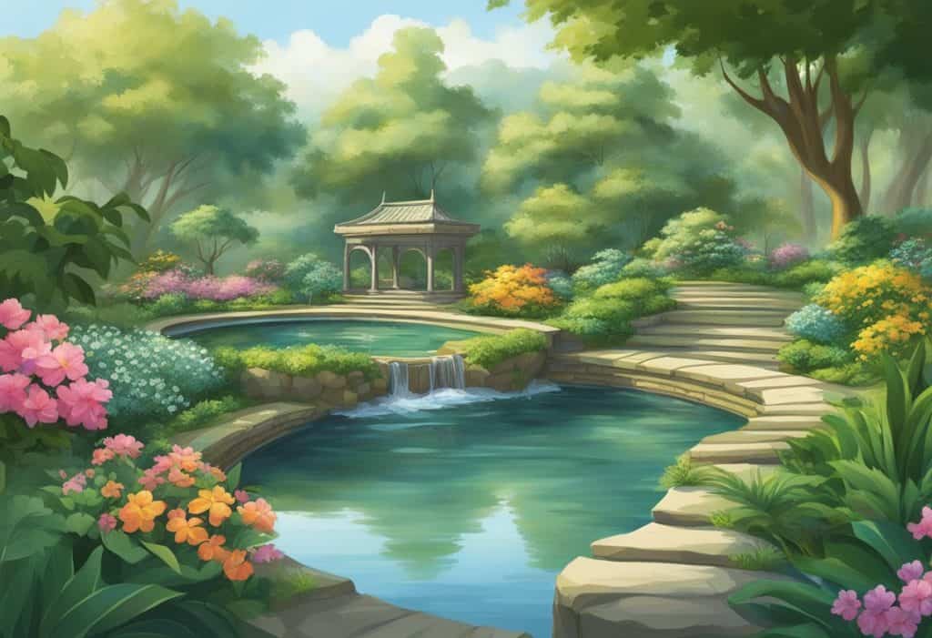 "Sankhya en Prácticas e Influencias" depicts a serene garden with flowing water, lush greenery, and a sense of tranquility