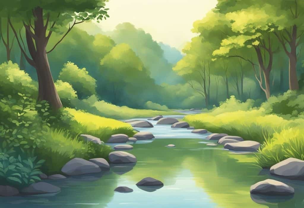 A serene landscape with a tranquil stream, lush trees, and a clear sky, evoking a sense of calm and peace for mindfulness breathing