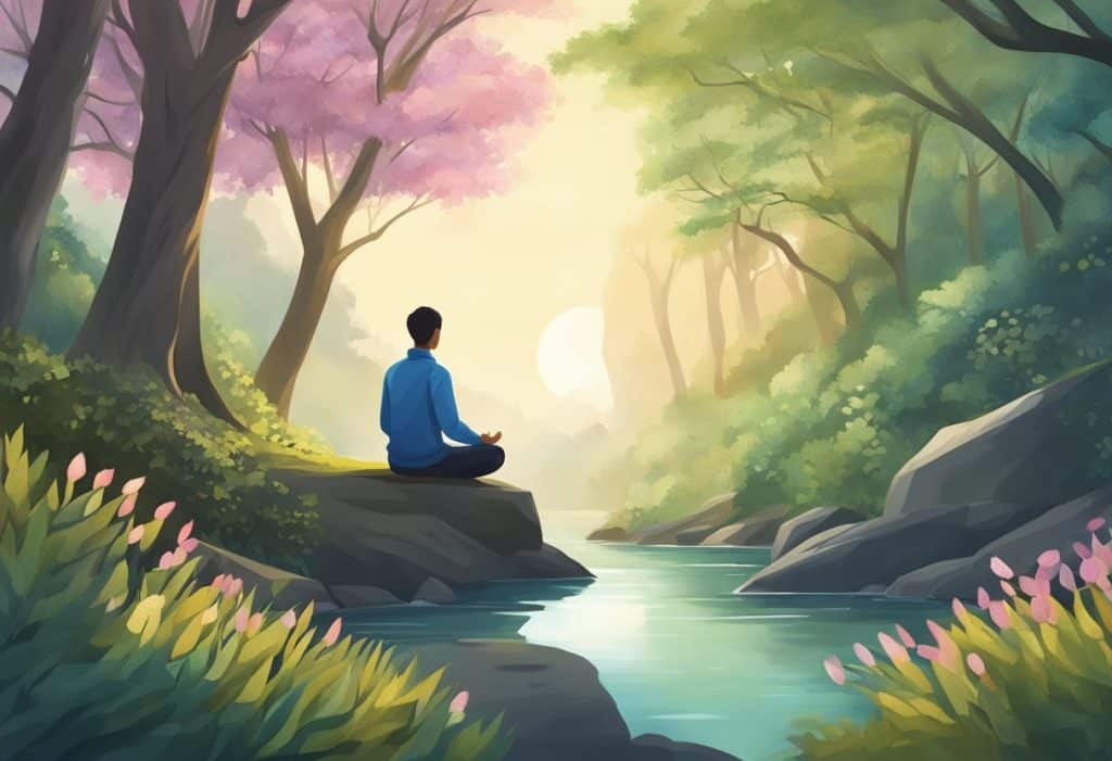 A serene setting with a person meditating, surrounded by nature, focusing on their breath