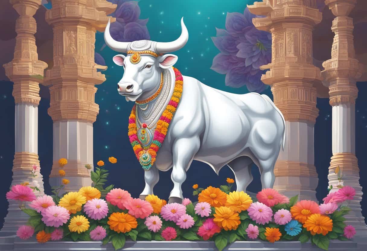 A white bull statue stands majestically in front of a Hindu temple, adorned with colorful flowers and surrounded by devotees