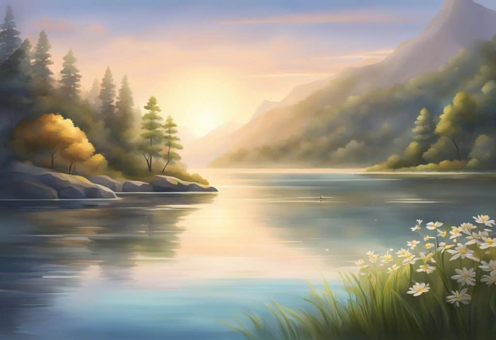 A serene setting with a calming atmosphere, featuring a tranquil environment with soft lighting and nature elements, evoking a sense of peace and mindfulness