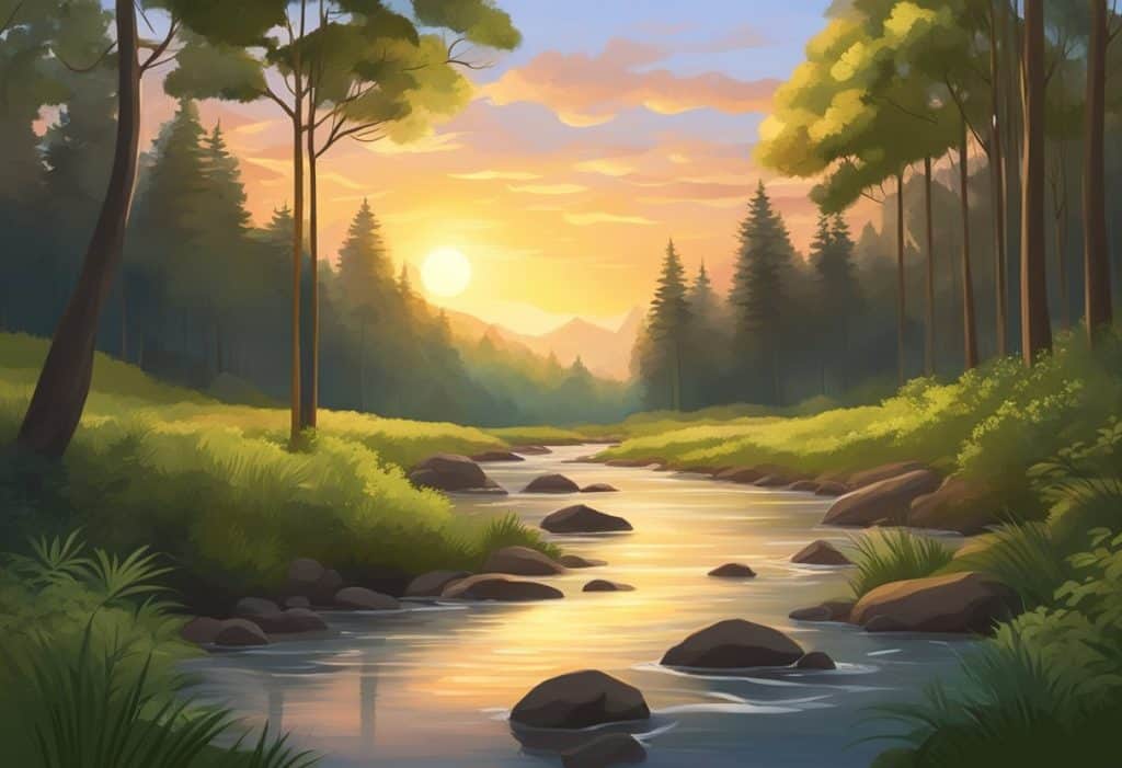 A serene landscape with a tranquil river flowing through a lush forest, with the sun setting in the distance, casting a warm glow over the scene