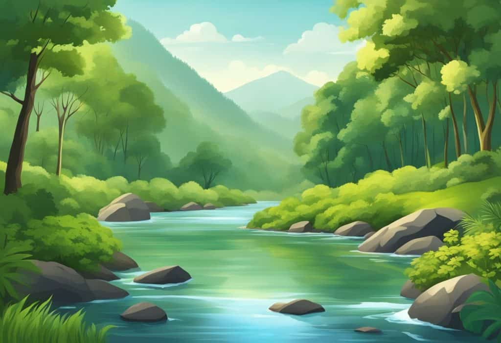 A serene landscape with a tranquil river flowing through a lush forest, symbolizing the principles of Advaita Vedanta