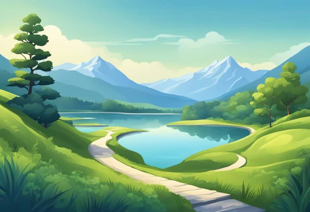 A serene mountain landscape with winding paths leading to a tranquil lake, surrounded by lush greenery and a clear blue sky above