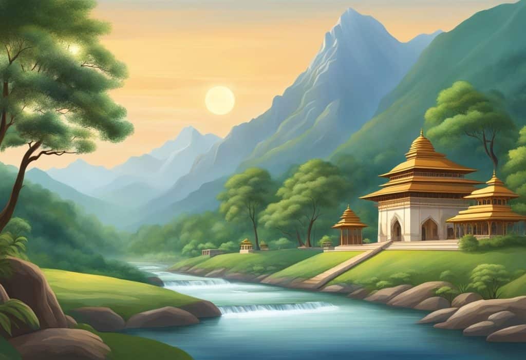 A serene landscape with a flowing river, towering mountains, and a peaceful ashram nestled in the valley, depicting the essence of Advaita Vedanta's cultural influence