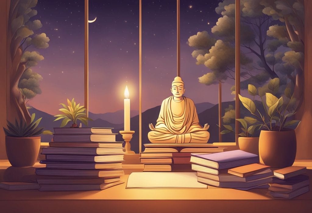 A serene, meditative setting with a stack of books on Advaita Vedanta, surrounded by a soft glow of light, evoking a sense of peace and introspection