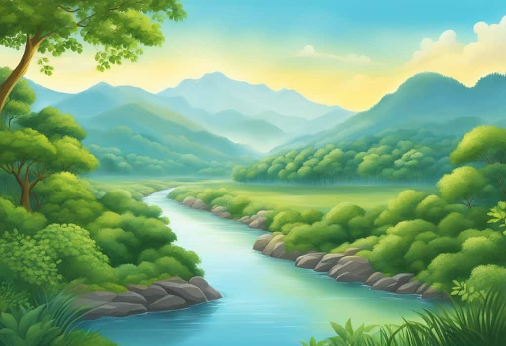 The illustration shows a serene landscape with a flowing river, lush greenery, and a clear blue sky, symbolizing the timeless and universal relevance of Advaita Vedanta