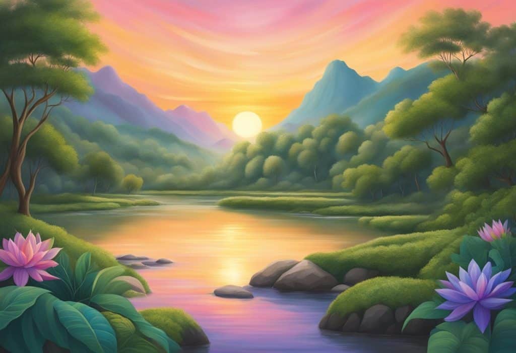 A serene landscape with a flowing river, lush greenery, and a vibrant sunset sky, capturing the essence of Shakti in Yoga and Tantra