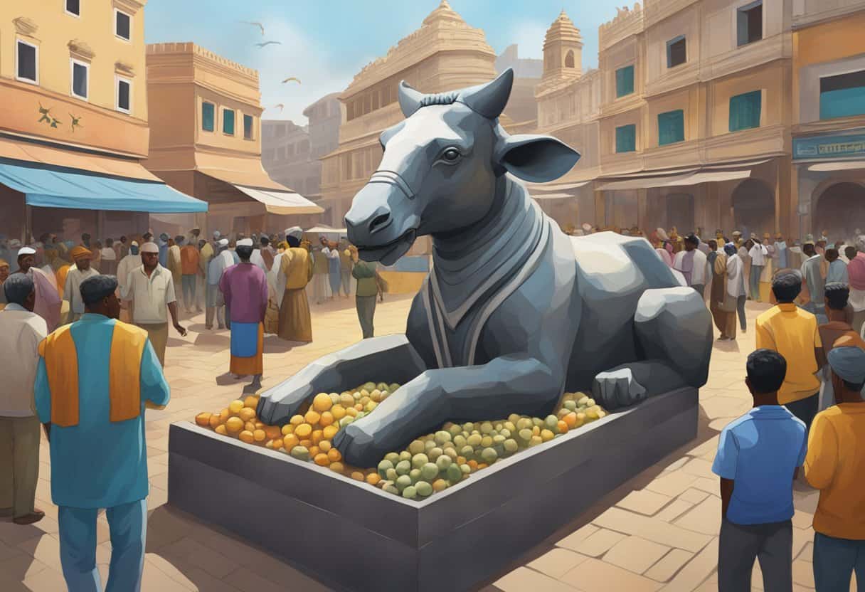 A nandi statue surrounded by curious onlookers in a bustling market square