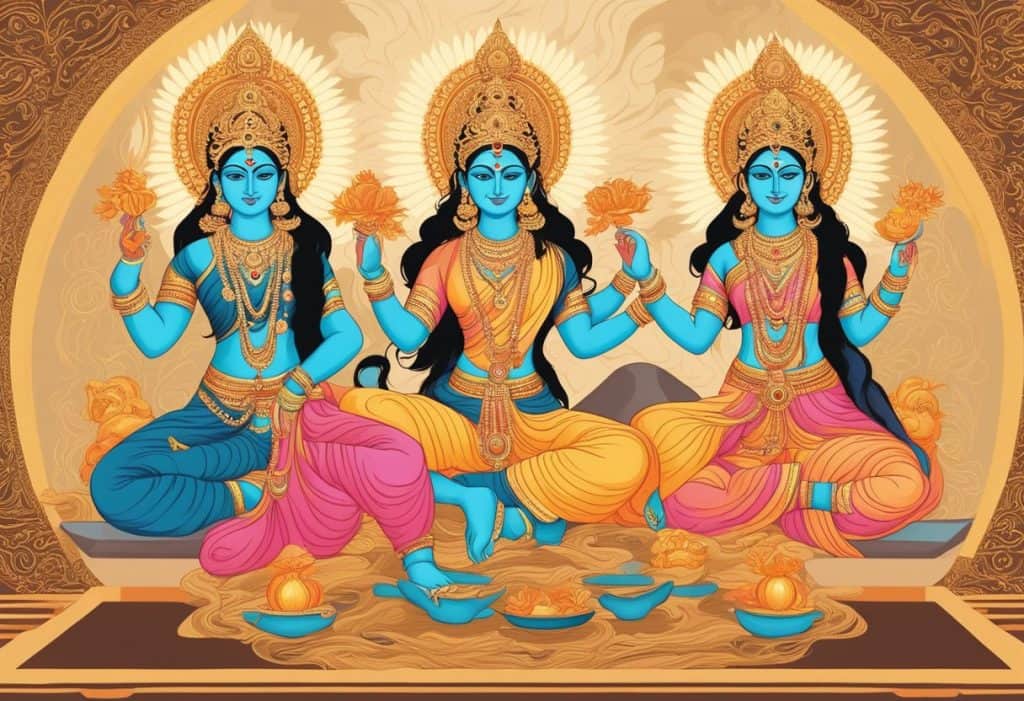 Shakti manifestations: Devi, Uma, and Kali. Radiant, powerful, and divine, surrounded by swirling energy and adorned with symbolic elements