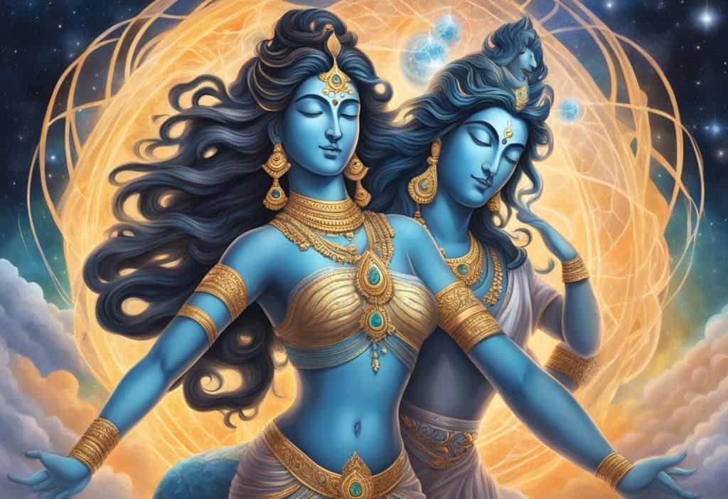 Shakti and Shiva stand in cosmic embrace, their energy intertwining as they embody the duality of creation and destruction
