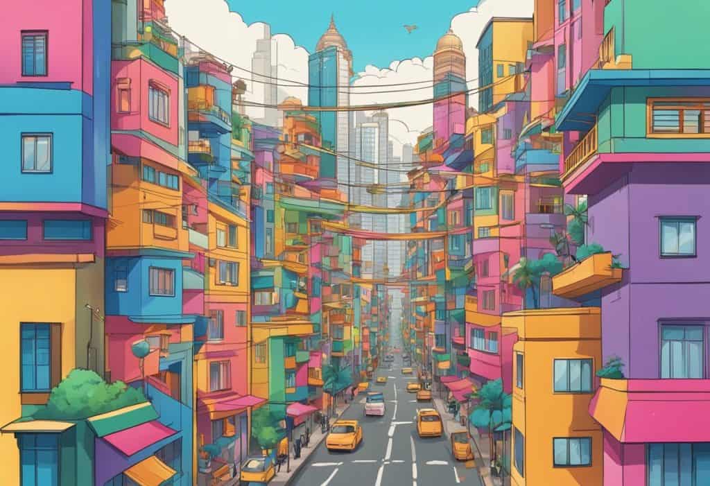 A vibrant cityscape with modern buildings and bustling streets, adorned with colorful banners and symbols of Shakti in the contemporary society