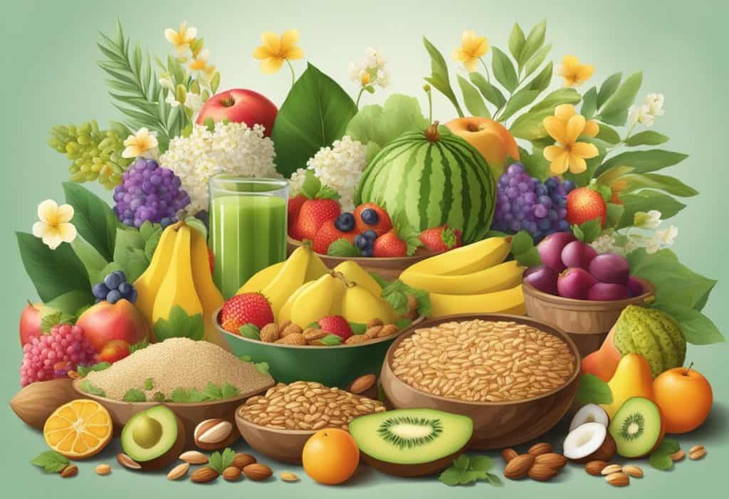 A bountiful table of satvic foods, filled with vibrant fruits, nuts, and whole grains, surrounded by lush greenery and blooming flowers