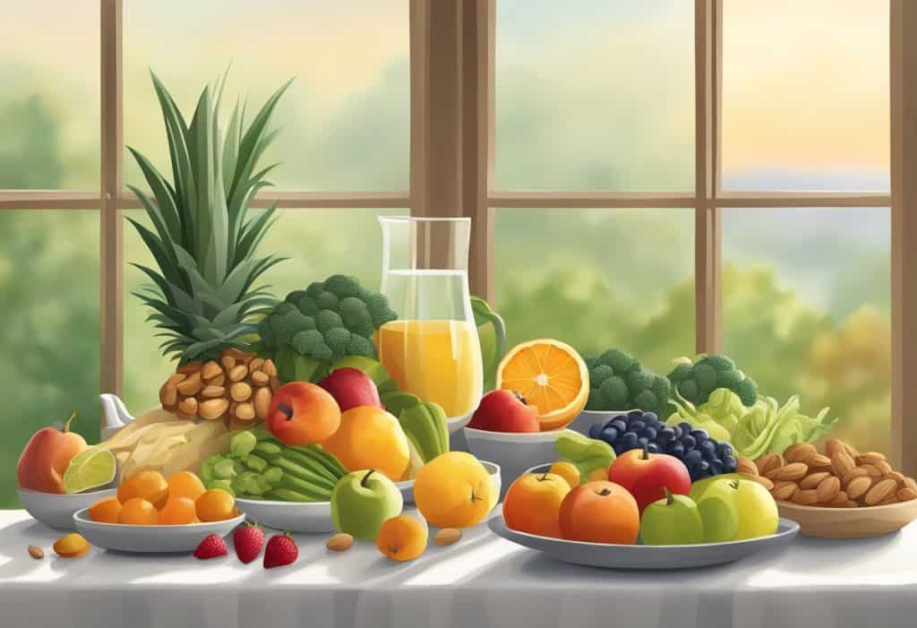 A serene table set with fresh fruits, vegetables, grains, and nuts, all bathed in soft, natural light