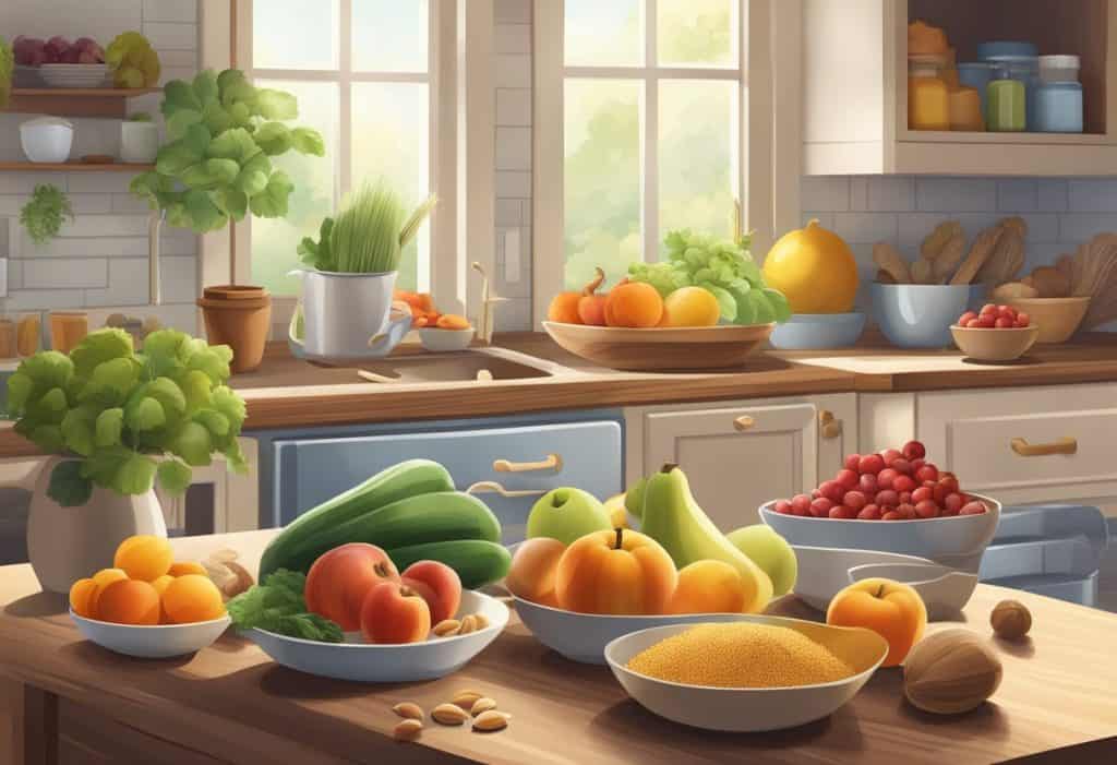 A serene, well-lit kitchen with a variety of fresh fruits, vegetables, nuts, and grains arranged neatly on a wooden table