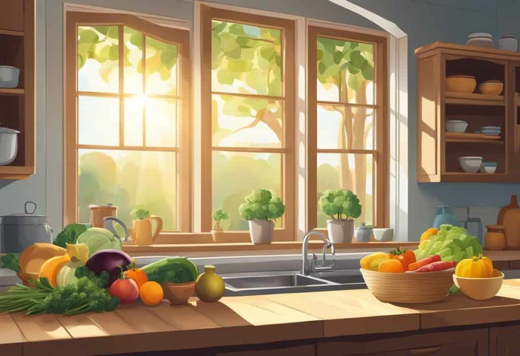 A serene kitchen with fresh fruits, vegetables, and grains neatly arranged on a wooden table. The sunlight streams in through the window, casting a warm glow on the ingredients