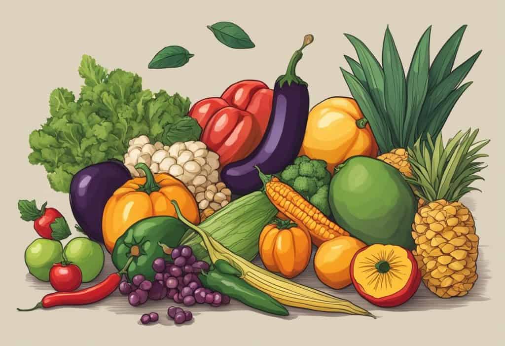 A table with fresh fruits, vegetables, and grains. A dark and spicy food, like chili peppers, is being pushed away