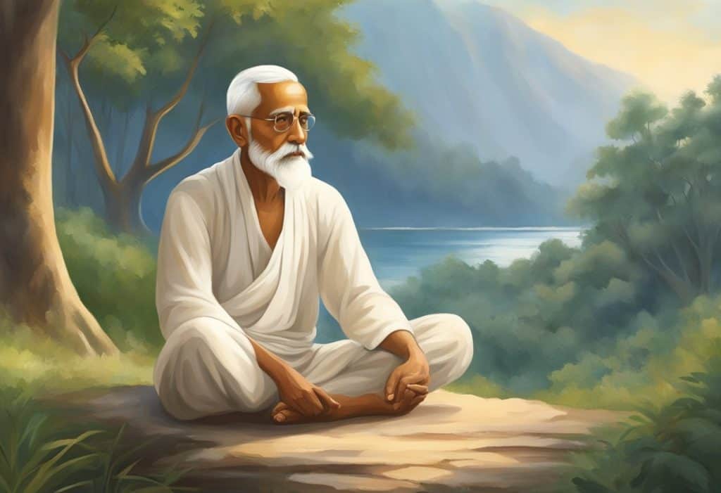 Ramana Maharshi sits in meditation, surrounded by serene nature and a tranquil atmosphere. The setting exudes peace and spirituality