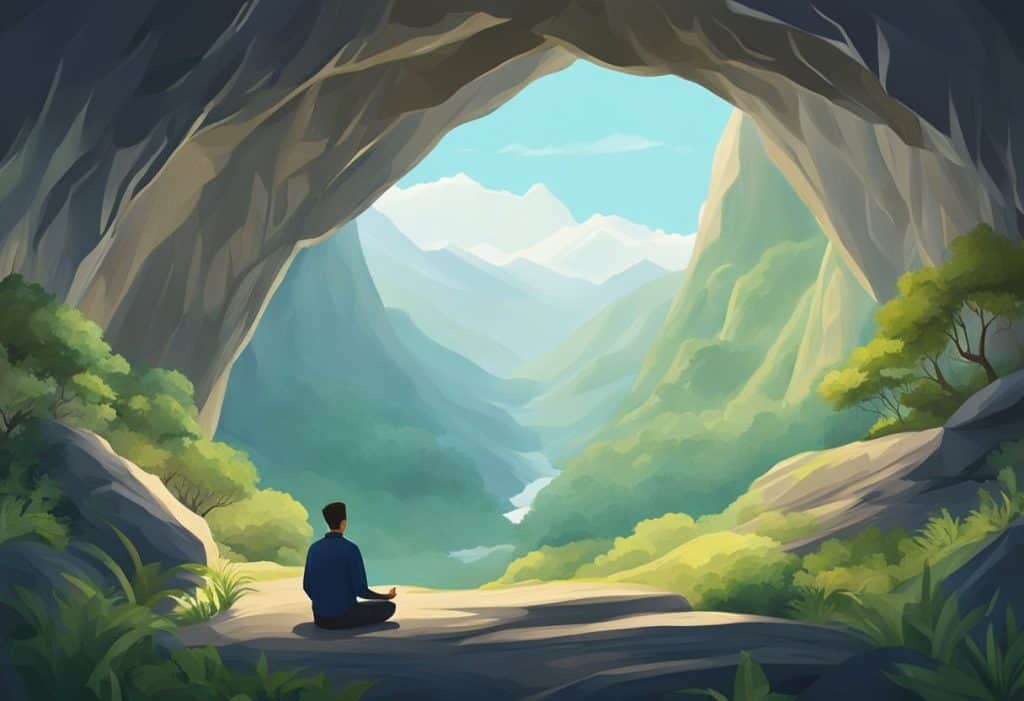 A serene mountain cave with a single figure meditating, surrounded by nature and a sense of tranquility