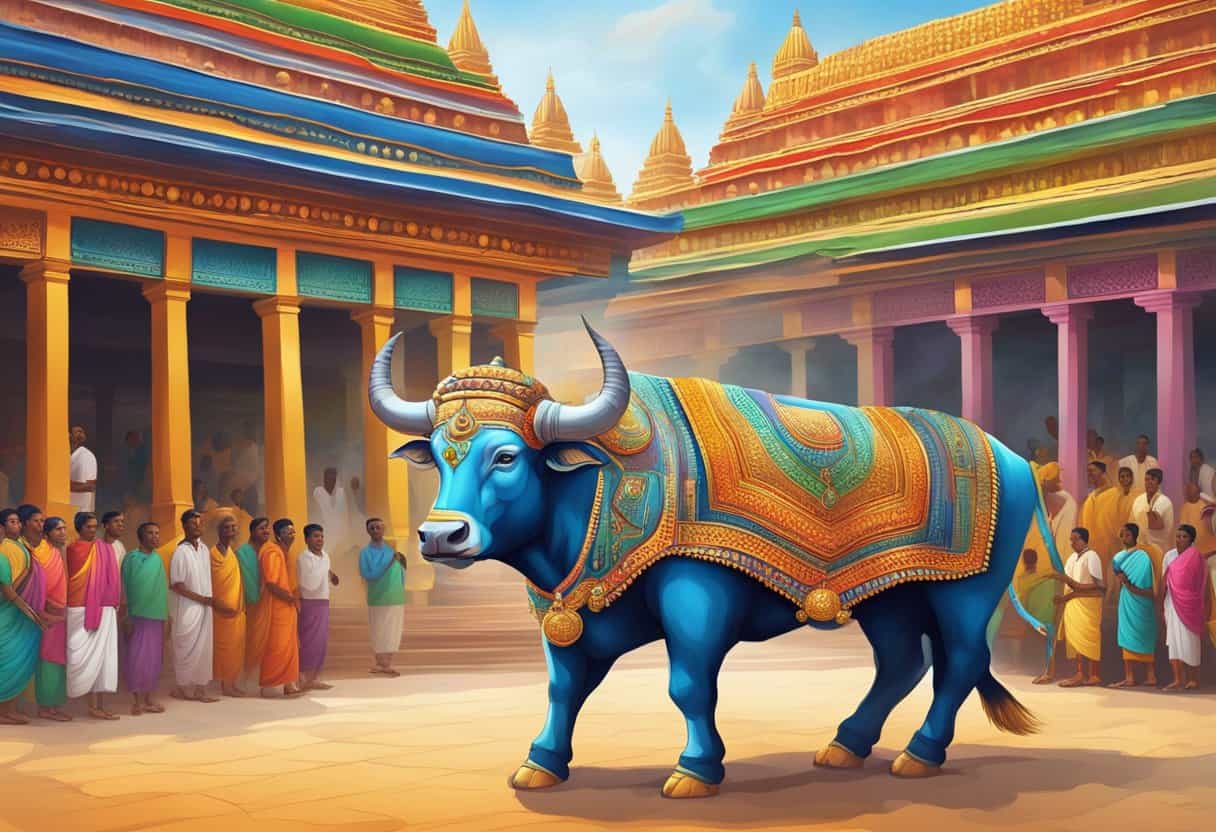 A majestic Nandi bull stands proudly in front of a colorful temple, adorned with traditional decorations and surrounded by worshippers