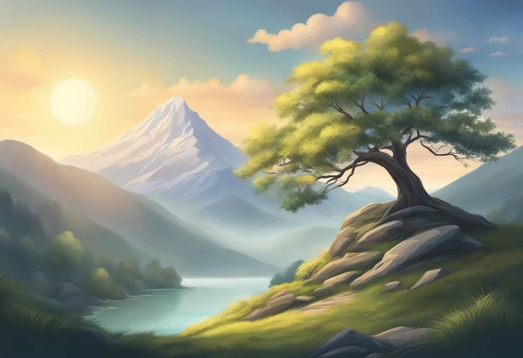 A serene mountain landscape with a solitary tree, surrounded by stillness and tranquility, evoking a sense of inner peace and spiritual reflection