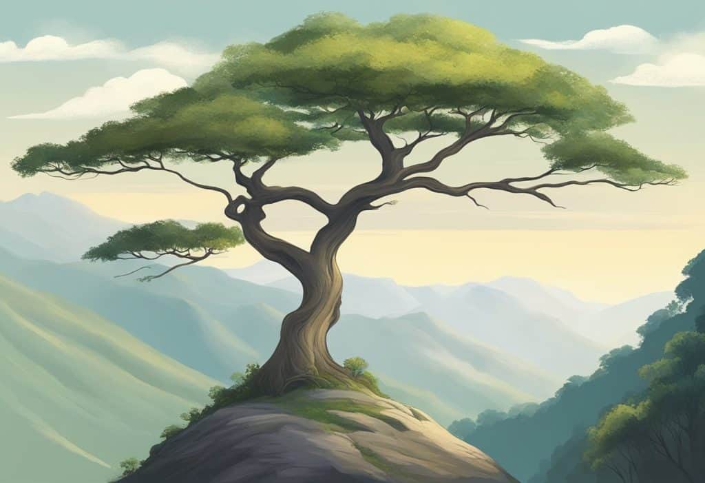 A serene mountain landscape with a solitary tree, symbolizing the legacy and influence of Ramana Maharshi