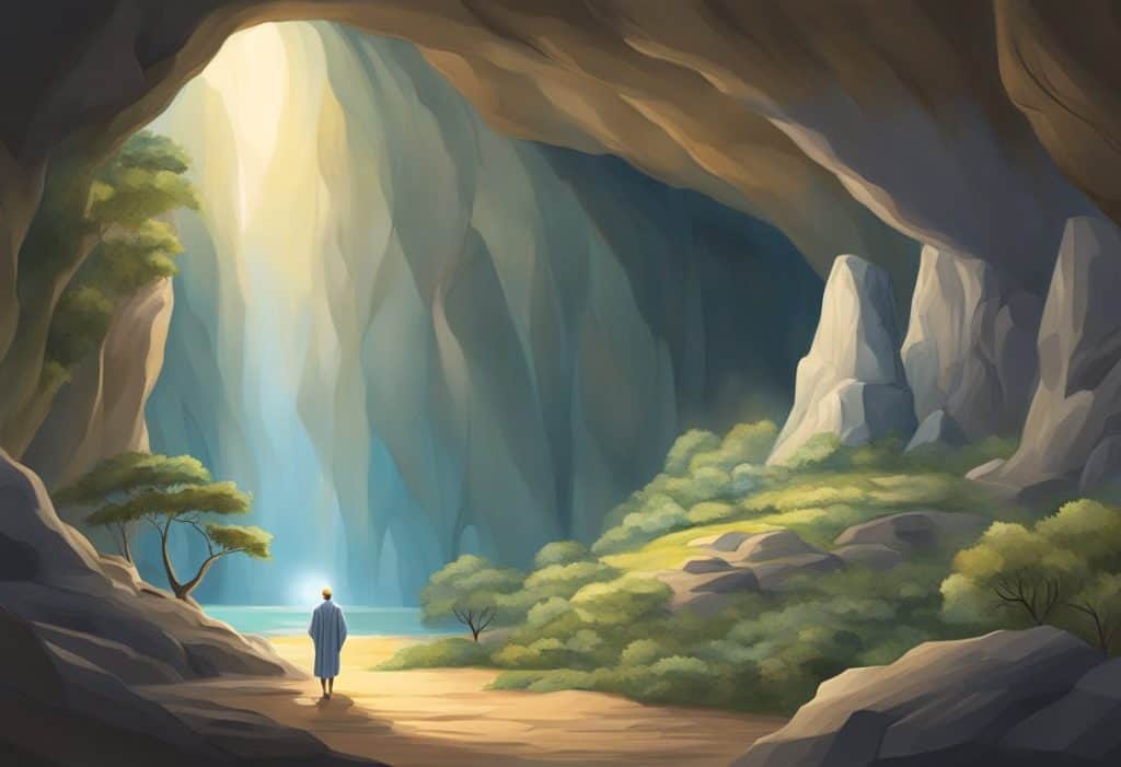A serene mountain cave with a single lamp illuminating the teachings of Ramana Maharshi