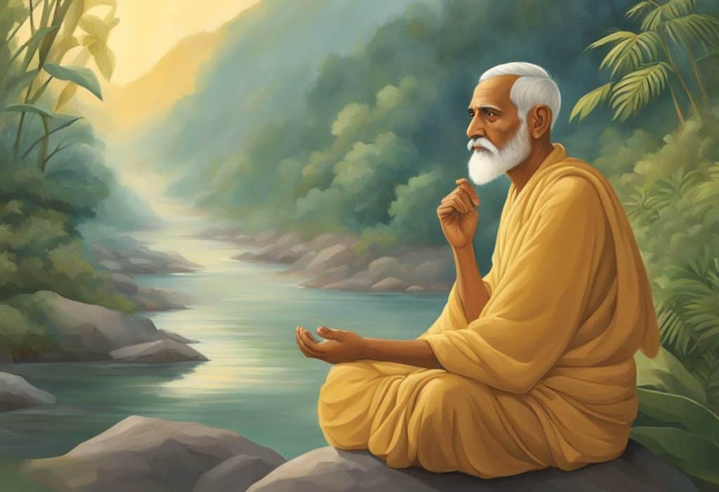 Ramana Maharshi's followers gather, seeking answers. The sage sits in quiet contemplation, surrounded by a serene atmosphere