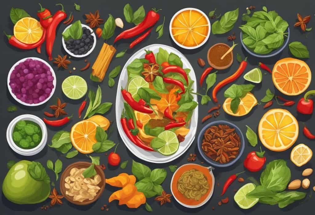 A table with spicy foods, vibrant colors, and intense aromas. Fruits, vegetables, and spices are arranged in a chaotic yet visually appealing manner