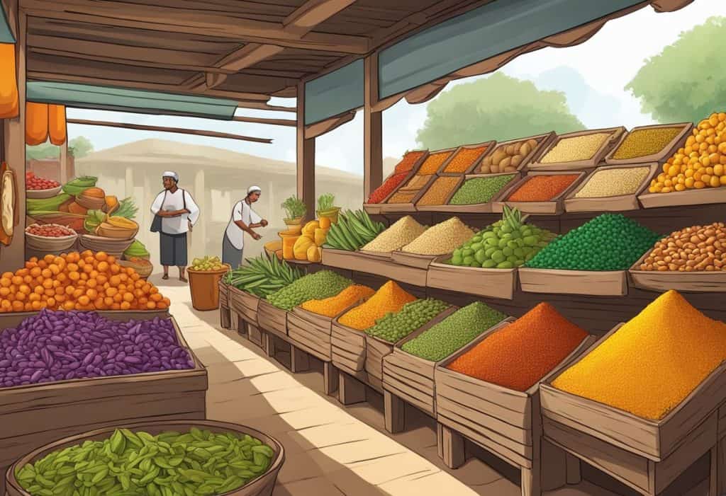A vibrant market stall displays colorful, spicy foods with strong aromas, representing the Rajasic qualities of Ayurvedic principles