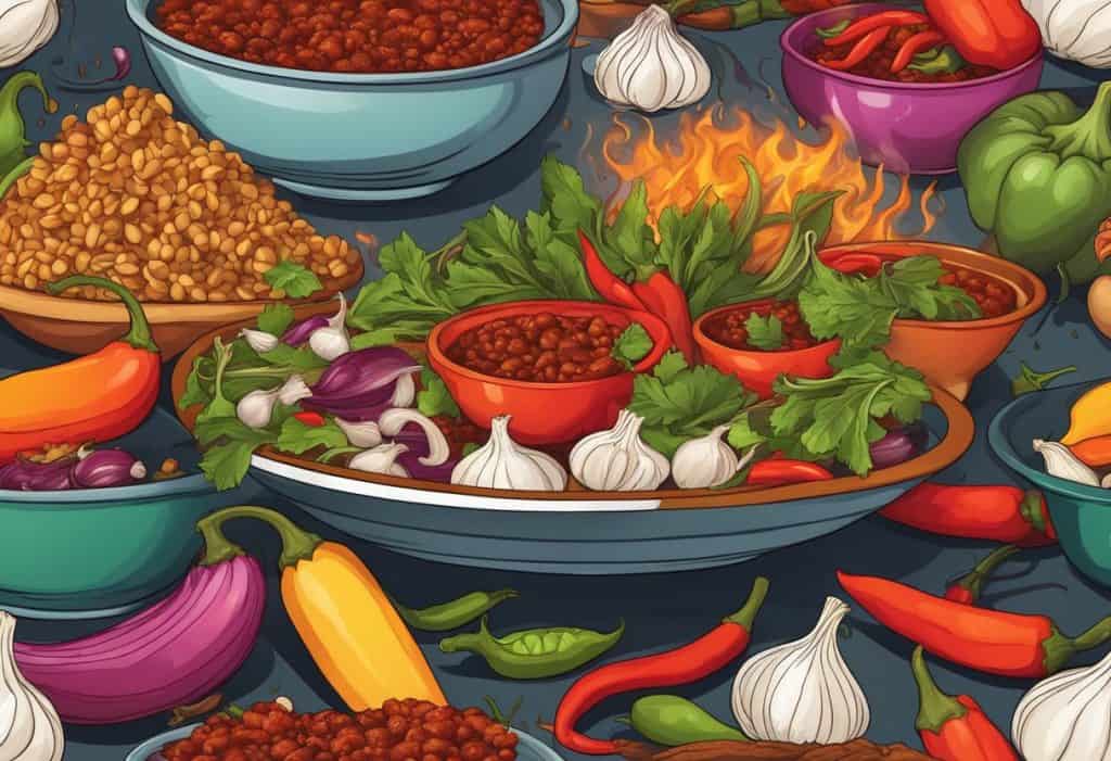 A table with spicy foods like chili peppers, garlic, and onions. Vibrant colors and steam rising from the dishes