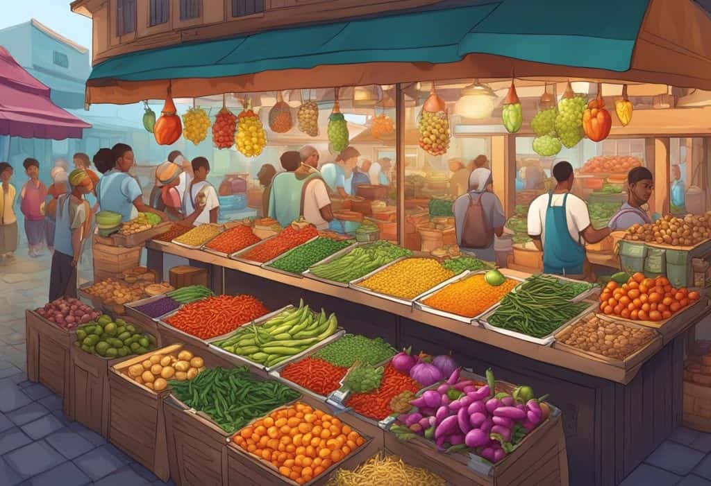 A vibrant market stall with colorful, spicy foods and energetic customers. Displayed items include chili peppers, onions, and other rajasic foods