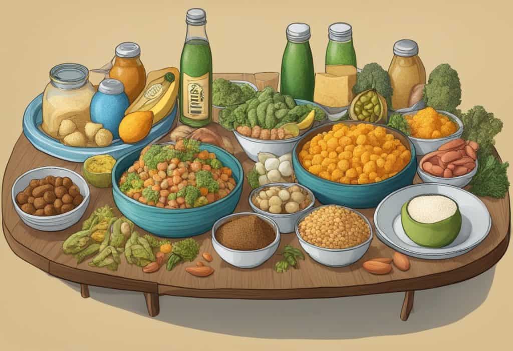 A table with various rajasic foods and a sign reading "Frequently Asked Questions alimentos rajásicos" displayed prominently