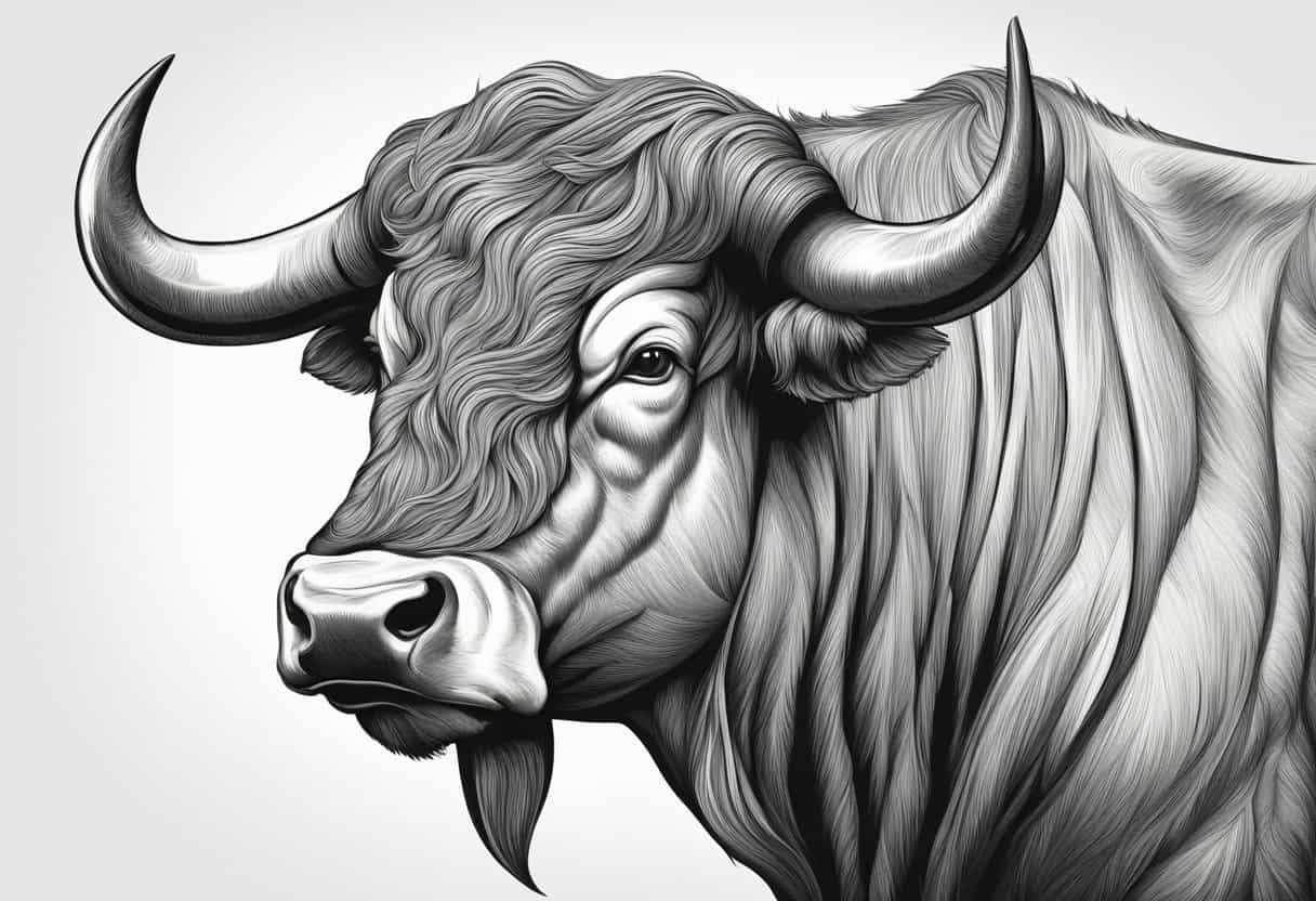 A majestic bull stands proudly, head held high, with powerful muscles and large, curved horns