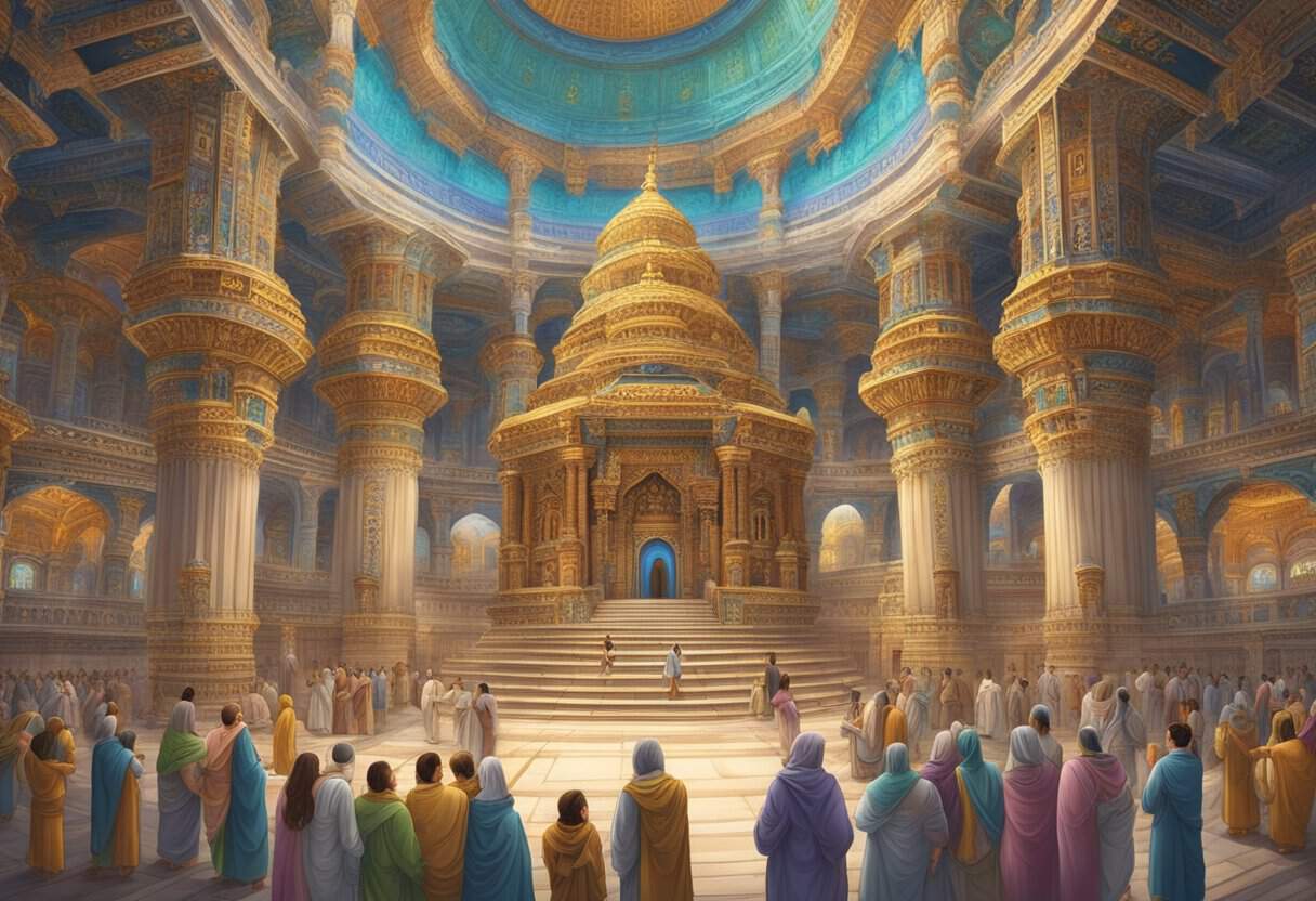 A grand temple with intricate carvings and ornate architecture, surrounded by worshippers and adorned with colorful religious symbols
