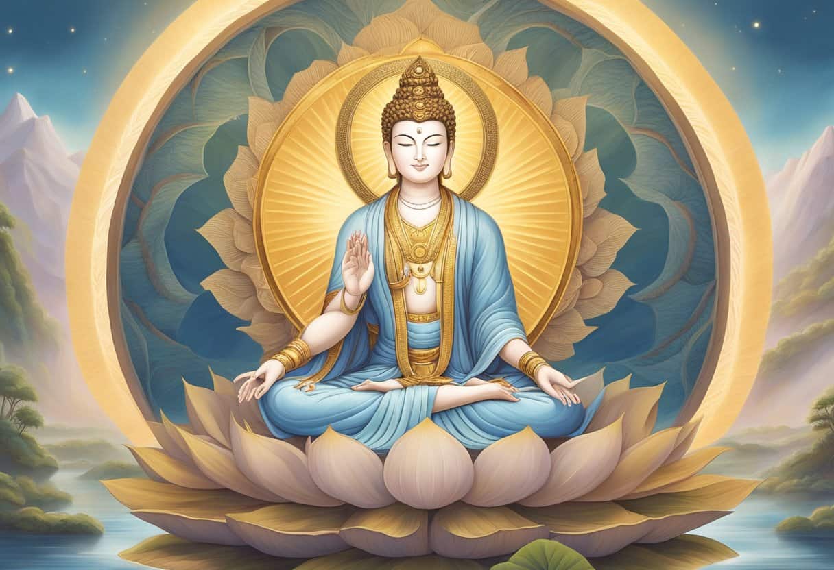 A serene bodhisattva sits cross-legged on a lotus throne, radiating compassion and wisdom. A halo of light surrounds the figure, symbolizing enlightenment