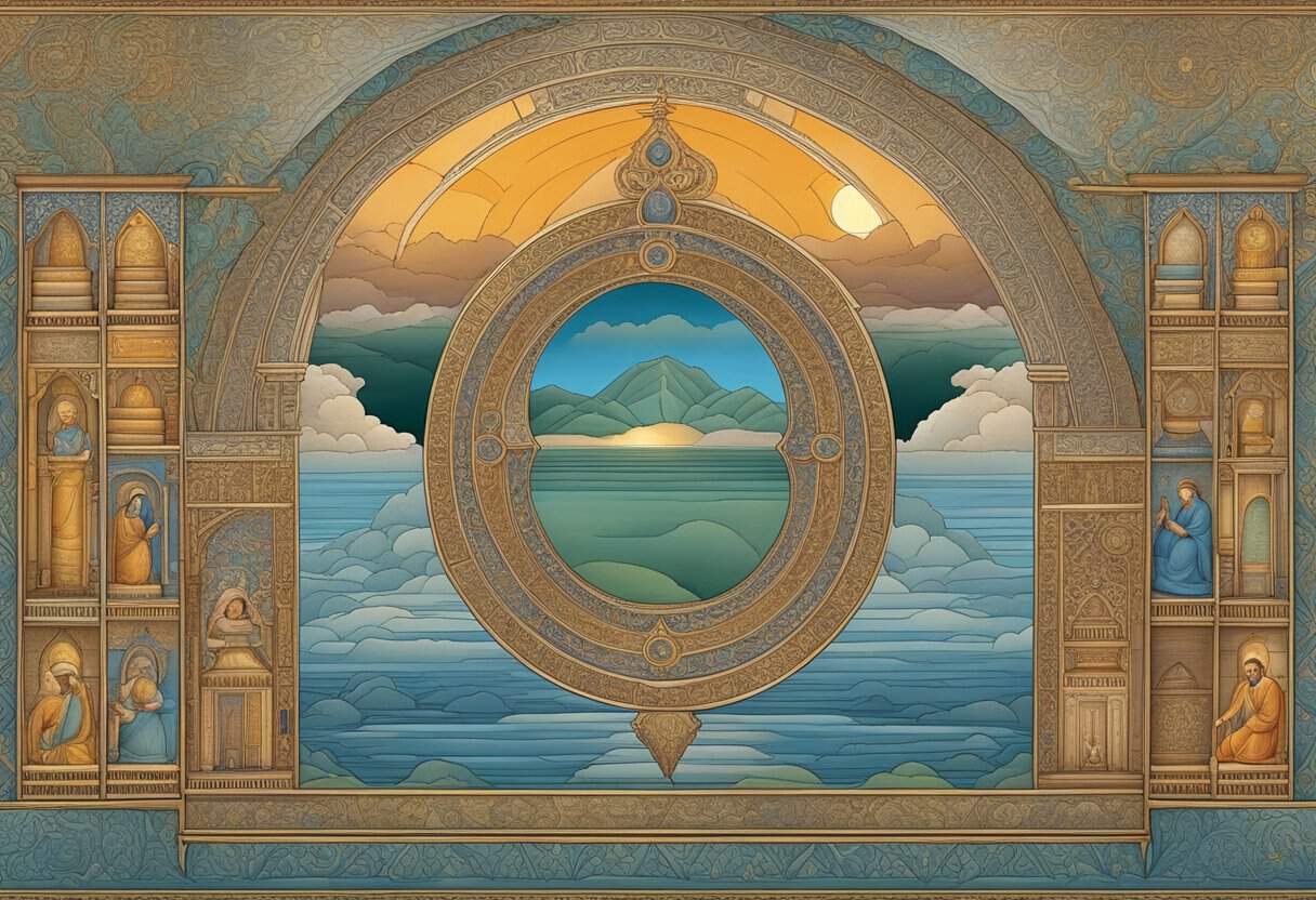 The specific Puranic texts are depicted in a serene, ancient setting with intricate details and symbols
