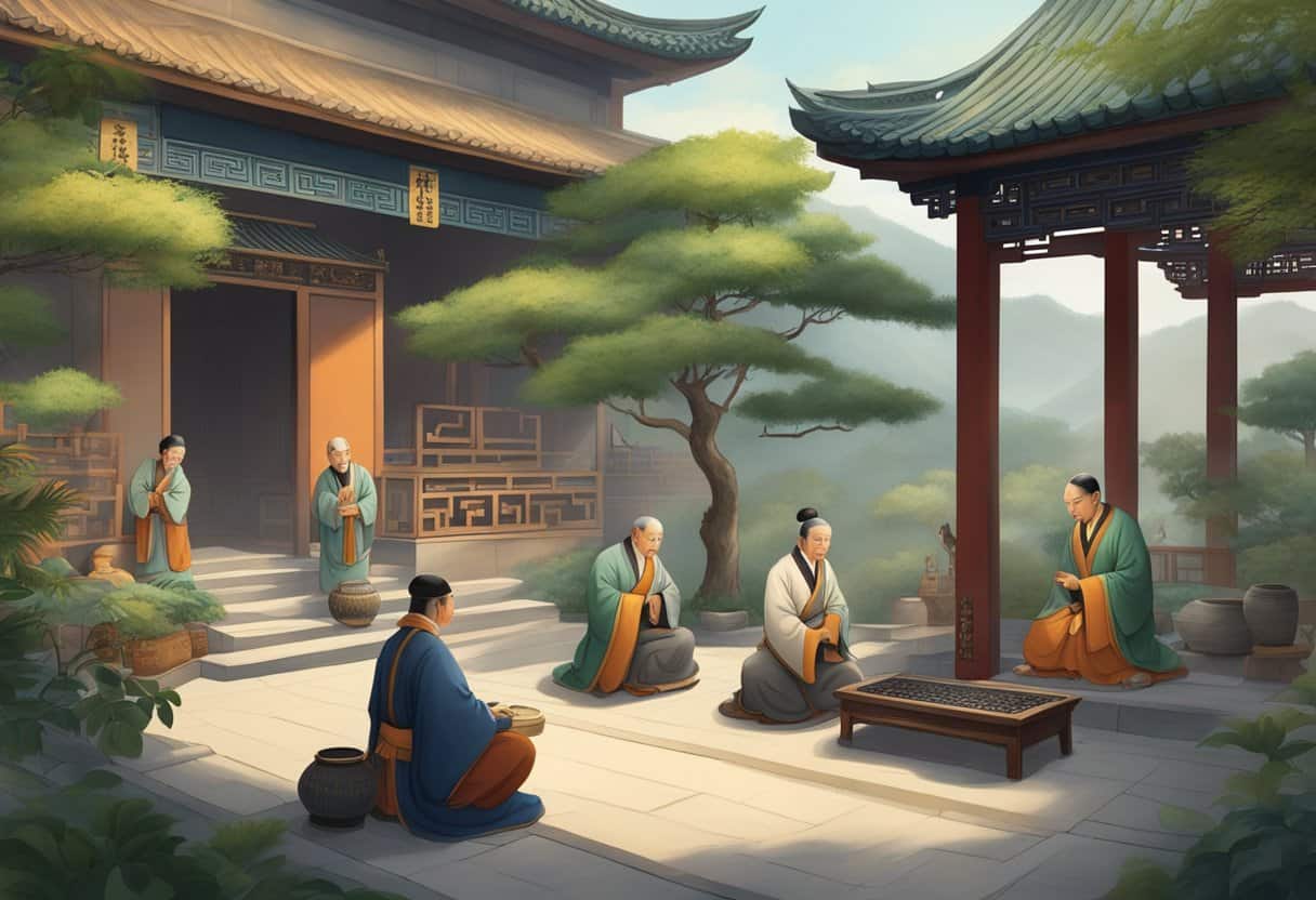 Ancient Chinese alchemists practice neidan in tranquil school courtyard