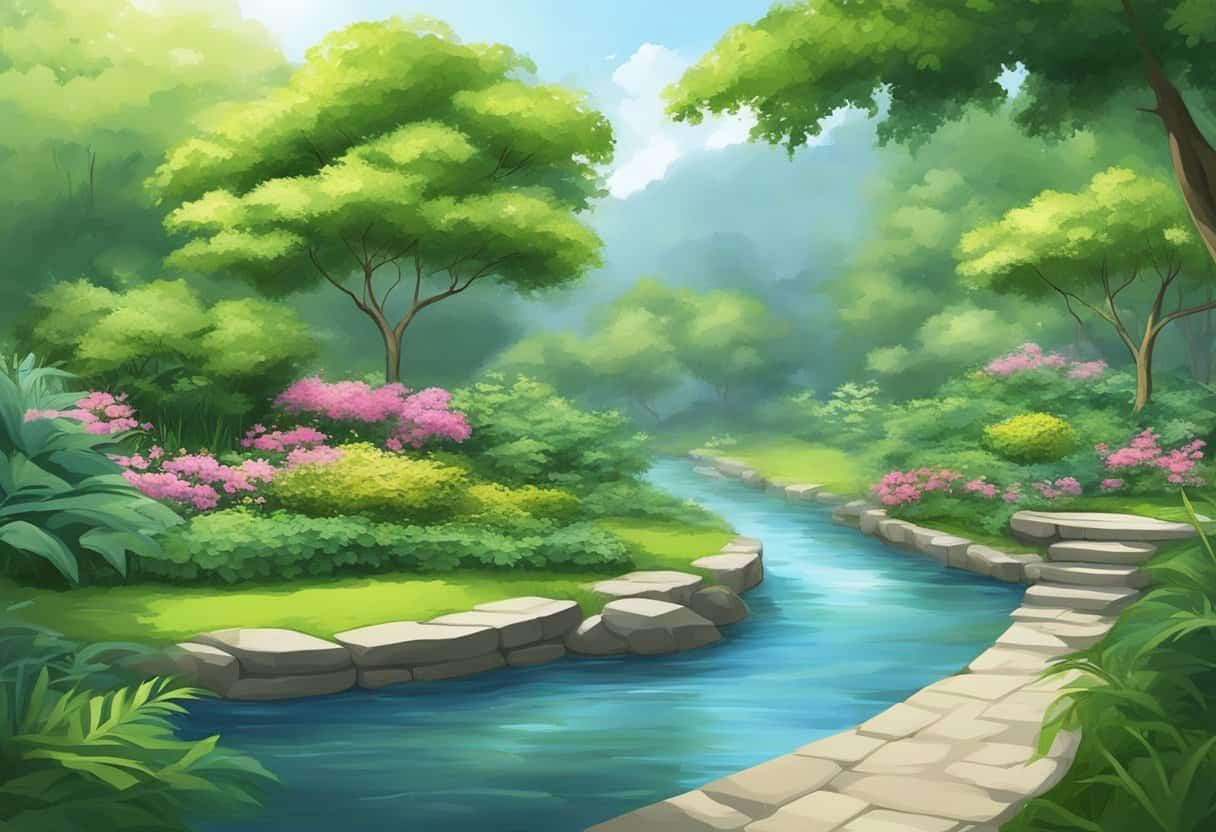 A serene garden with flowing water, lush greenery, and a tranquil atmosphere, symbolizing the practice of Neidan