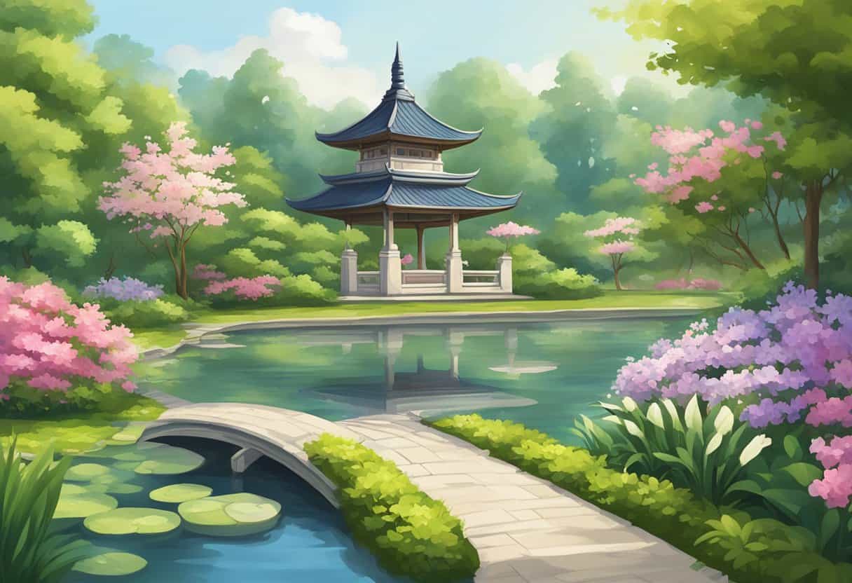 A serene garden with a tranquil pond, surrounded by lush greenery and blooming flowers, with a small pagoda in the distance
