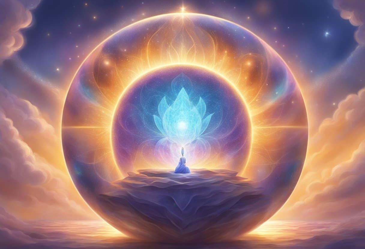A glowing, ethereal sphere radiates light, surrounded by a shimmering aura, representing the anandamaya kosha, the blissful sheath of the self