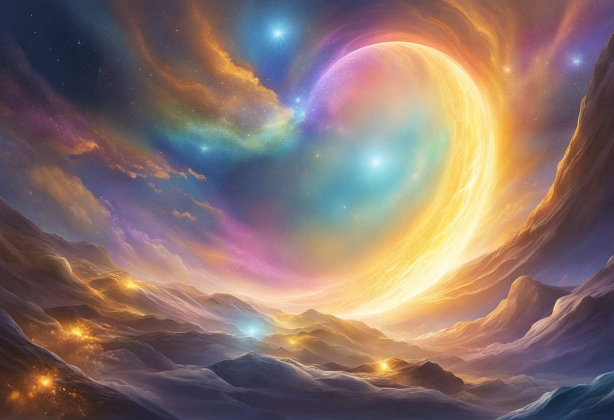 A radiant light emanates from within, expanding and transforming the surrounding space into a vibrant, ethereal realm