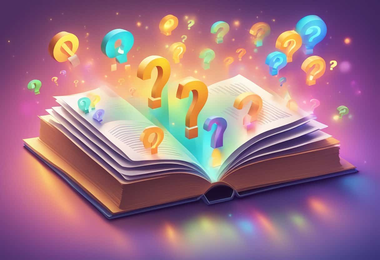 An open book with "Frequently Asked Questions" on the cover, surrounded by floating question marks and a glowing aura