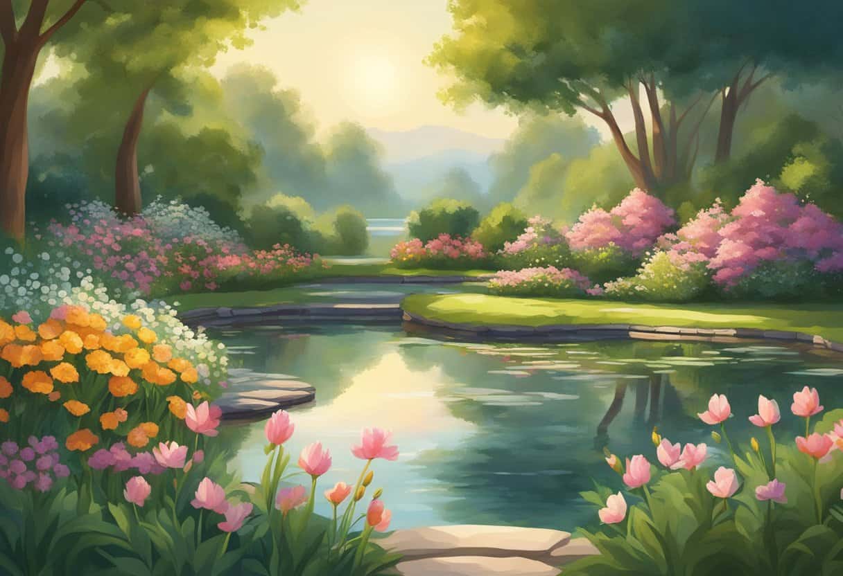 A serene garden with blooming flowers and a peaceful pond, surrounded by lush greenery and bathed in warm sunlight